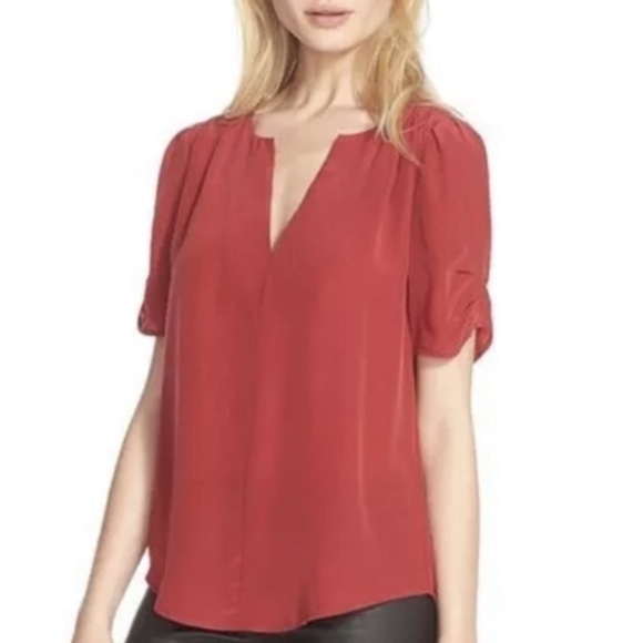 JOIE Amone Pleat Split Neck Silk Blouse Top in Rust Size Small - MSRP $298 - Picture 1 of 8